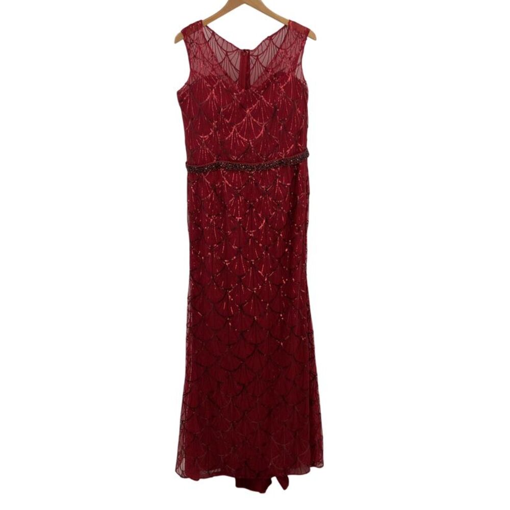 Mgny Sequined Mesh V-neck Dress With Beaded Belt Red 12